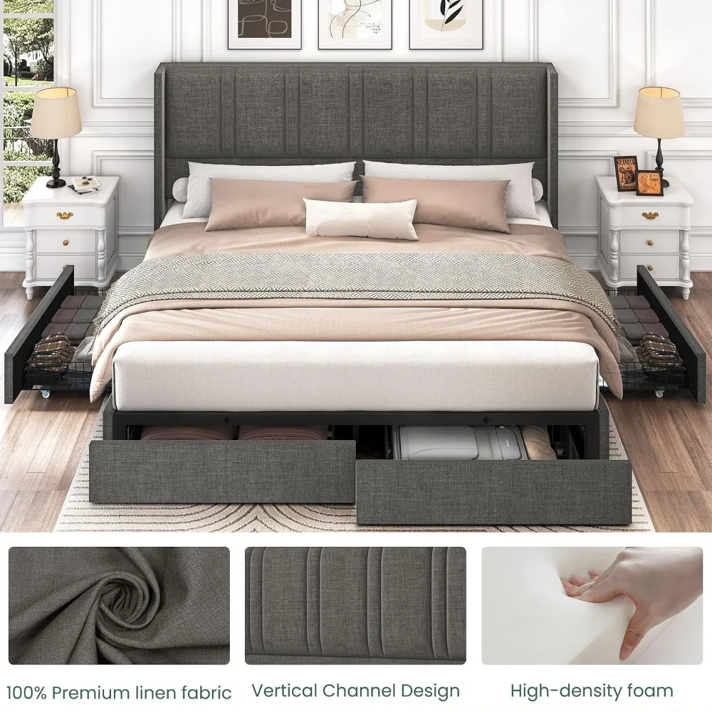 King Size Bed Frame With Storage Drawers - King Size Linen Upholstered Platform Bed