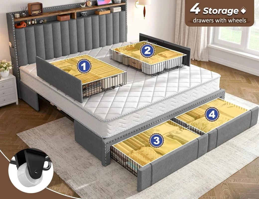 EnHomee Upholstered King Size  - огляд і ціна King Size Bed Frame With Storage Drawers