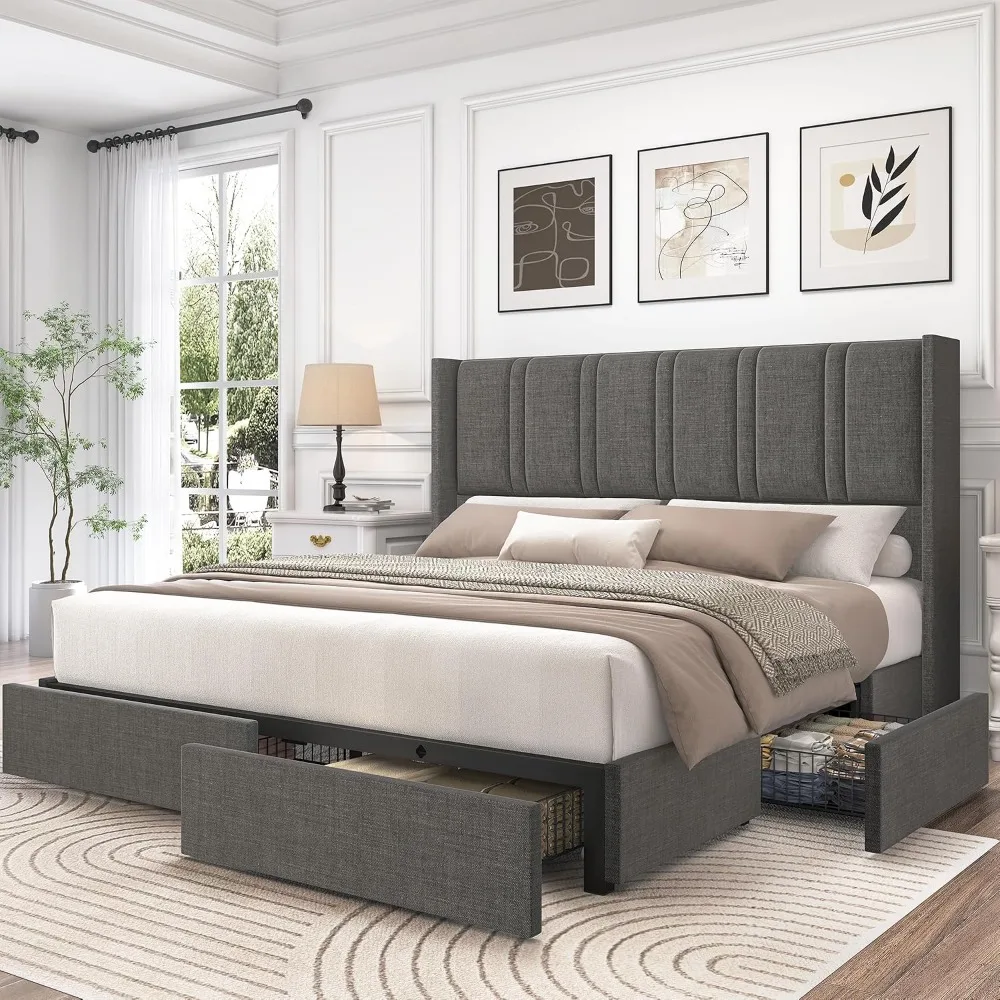 King Size Linen Upholstered Pl - огляд і ціна King Size Bed Frame With Storage Drawers
