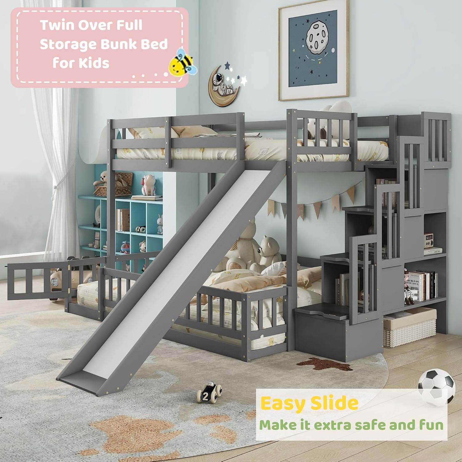 Twin Over Full Bunk Bed with S - огляд і ціна Bunk Bed With Stairs And Slide